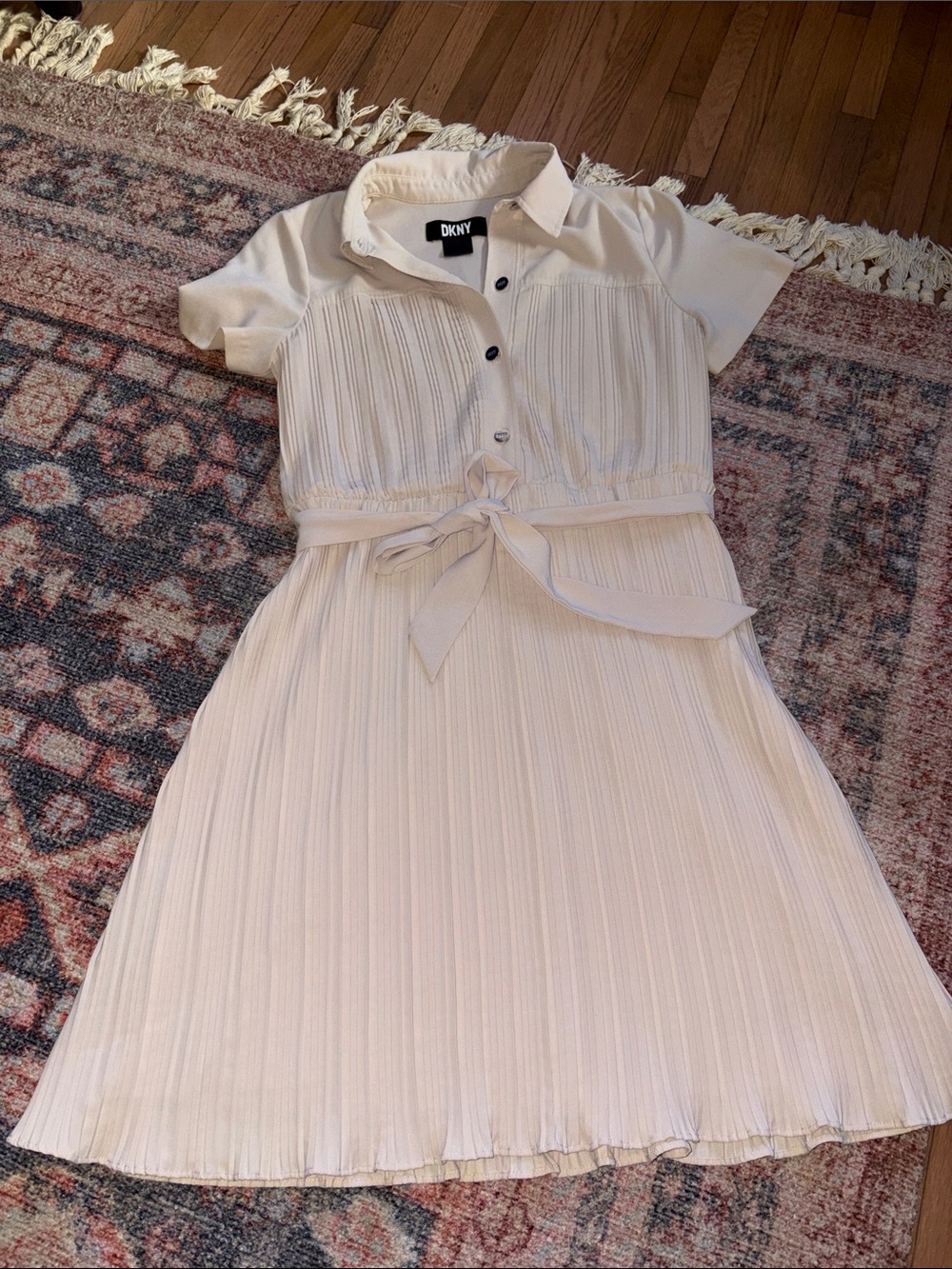 DKNY Cream Pleated Tie-Waist Dress 6
